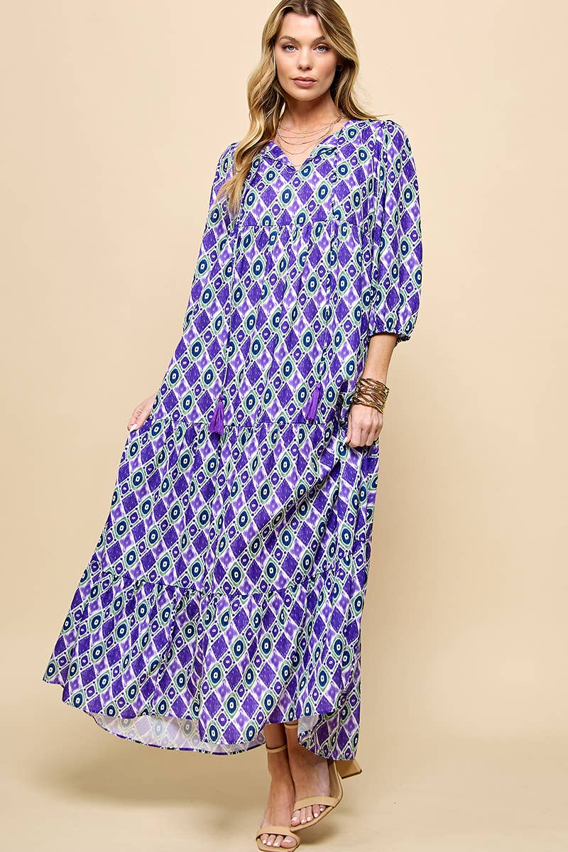 3/4 Lantern Sleeve Print Boho Maxi Dress