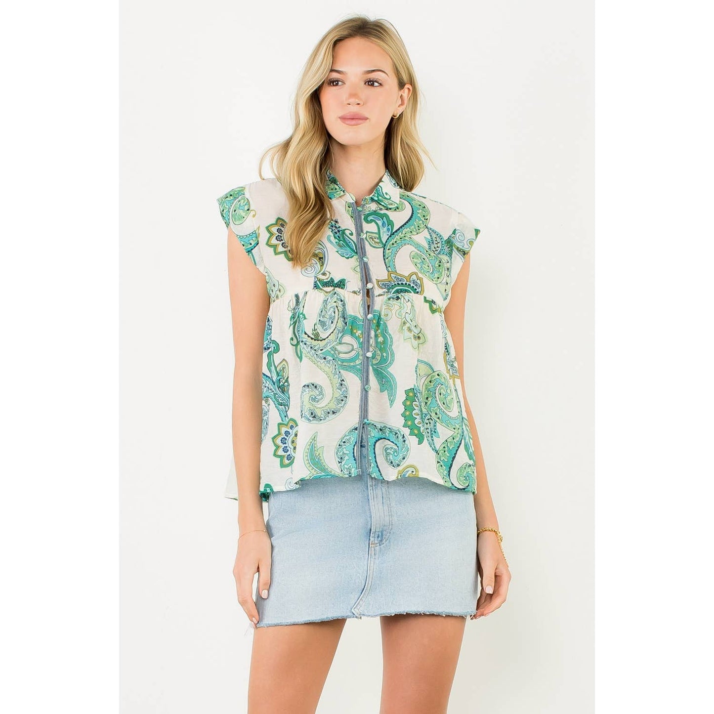 Cap Sleeve Paisley Button Down Top