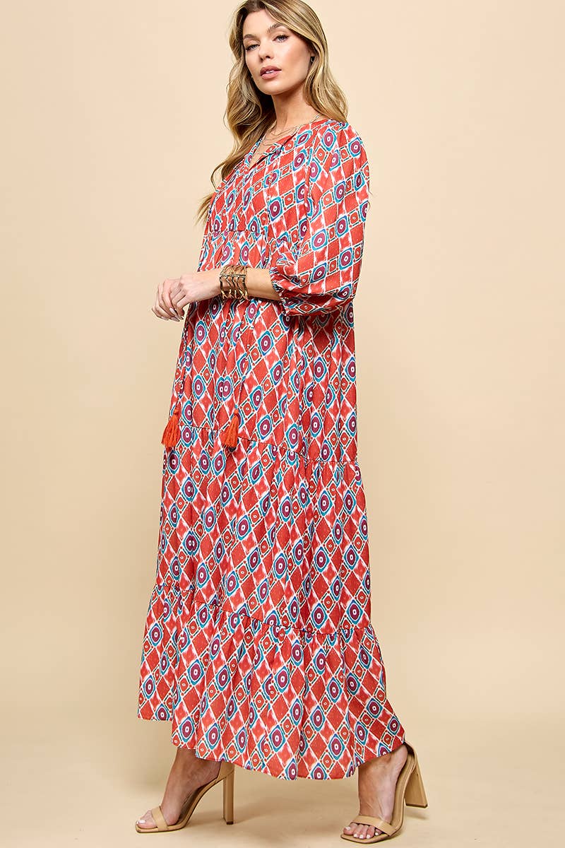 3/4 Lantern Sleeve Print Boho Maxi Dress