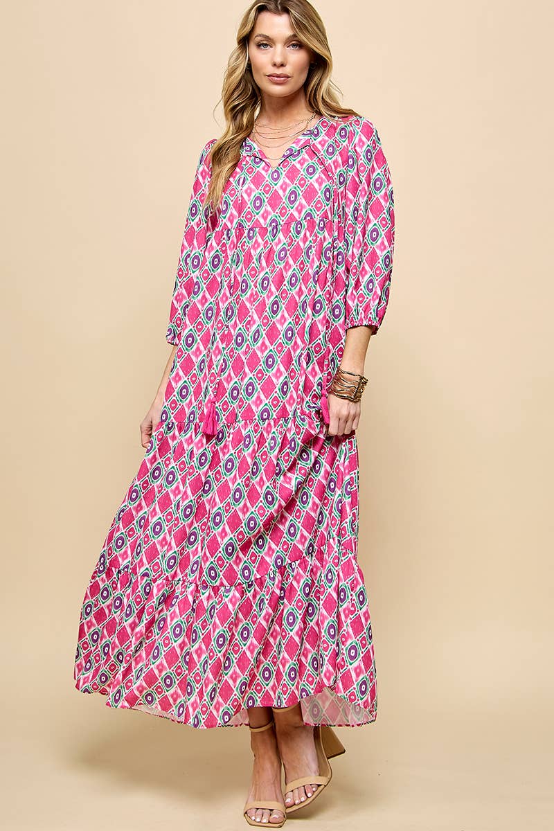 3/4 Lantern Sleeve Print Boho Maxi Dress