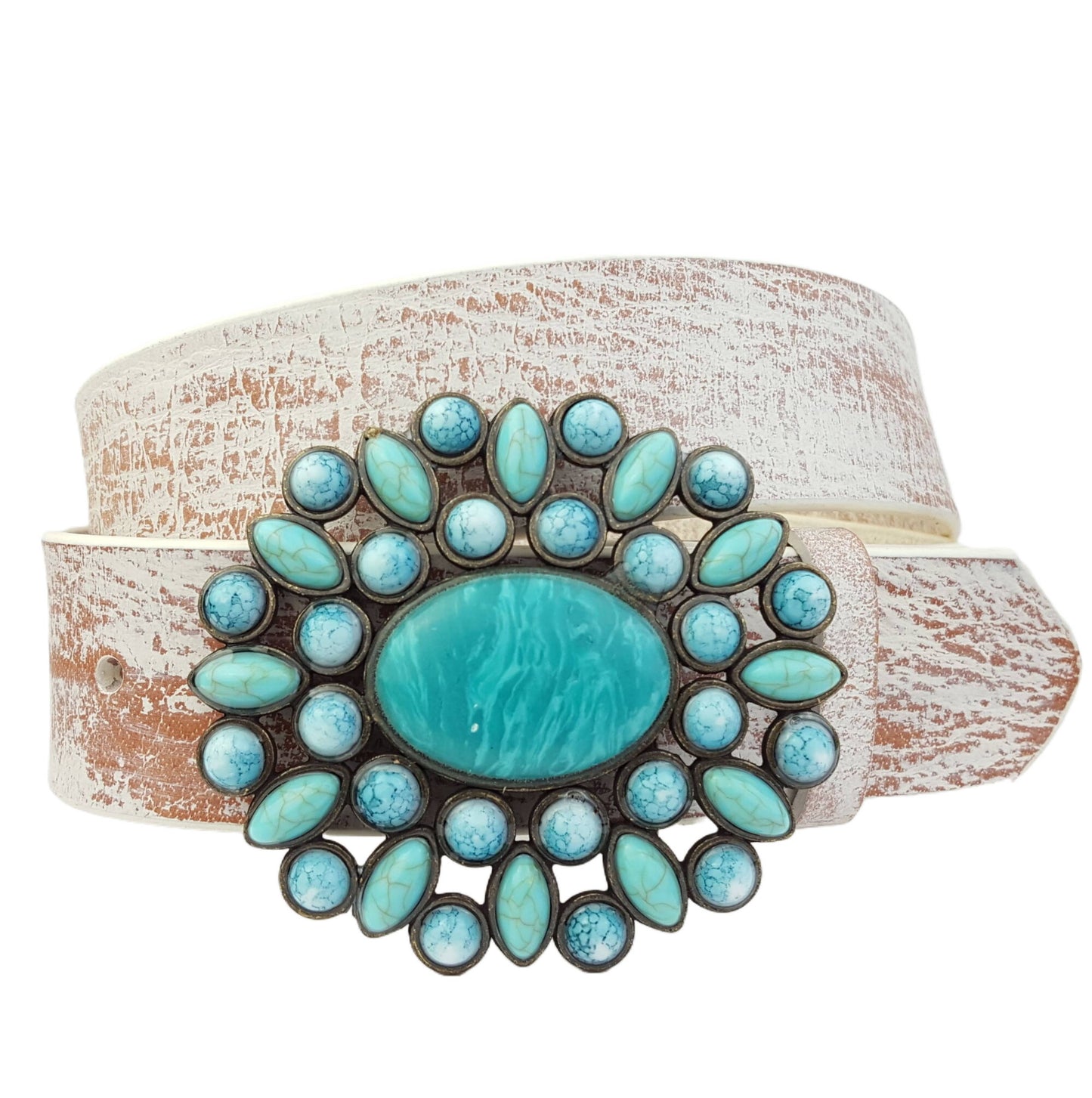 Genuine leather belt w. Western Turquoise Floral Buckle