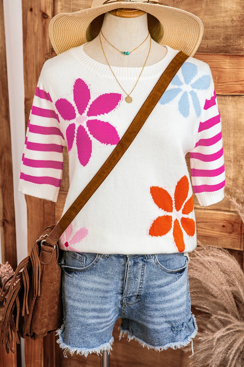 Floral Pattern Striped Sleeve Sweater