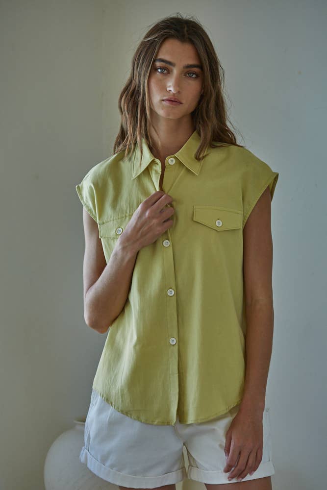 Button Down Collar Neck Sleeveless Shirt Top