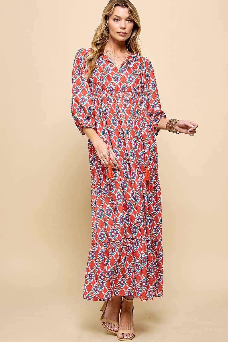 3/4 Lantern Sleeve Print Boho Maxi Dress