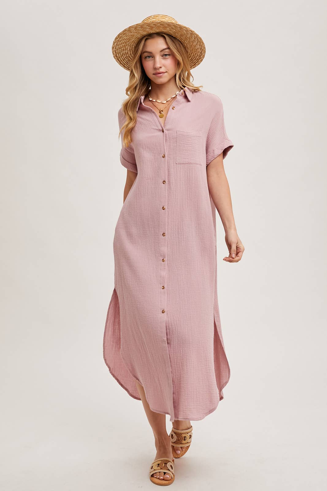 BUTTON UP MAXI SHIRT DRESS WITH POCKET