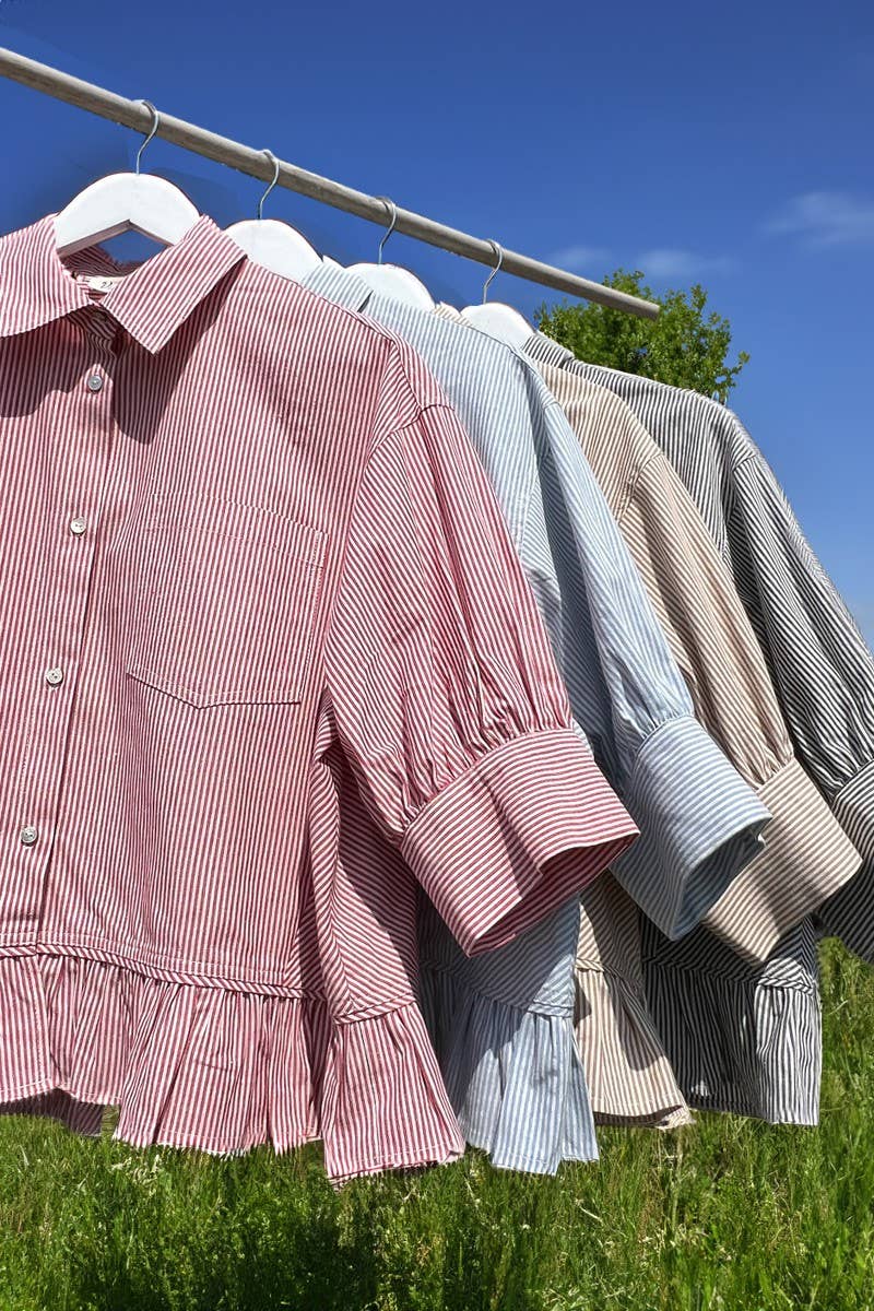 Pocket Detail Ruffle HemStriped Shirt