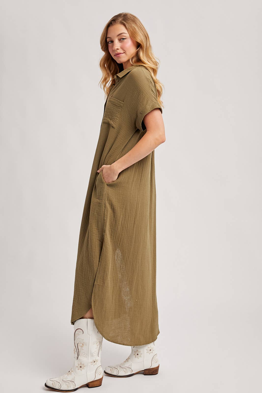 BUTTON UP MAXI SHIRT DRESS WITH POCKET