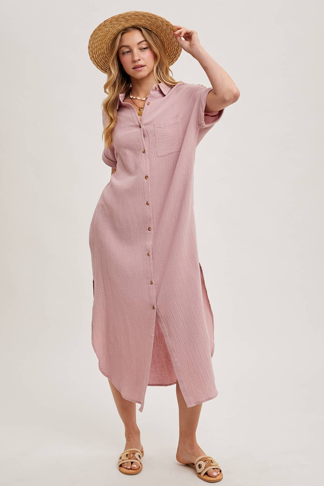 BUTTON UP MAXI SHIRT DRESS WITH POCKET