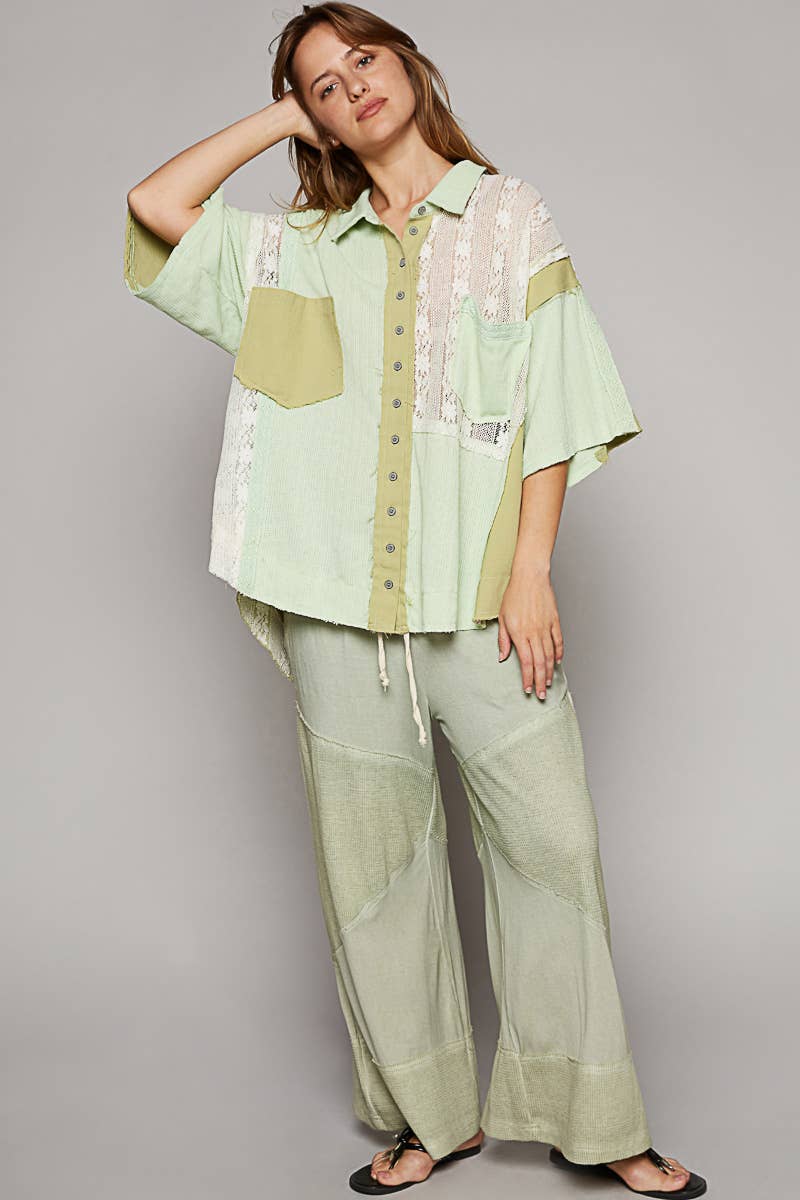 Short sleeve lace contrast button down