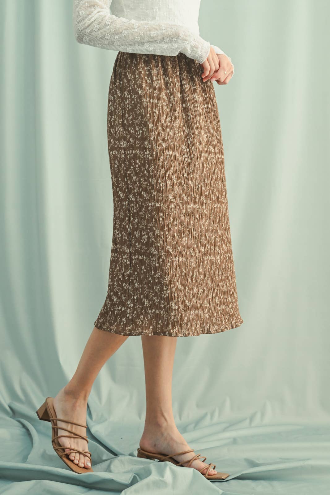FLORAL CRINKLE MIDI SKIRT