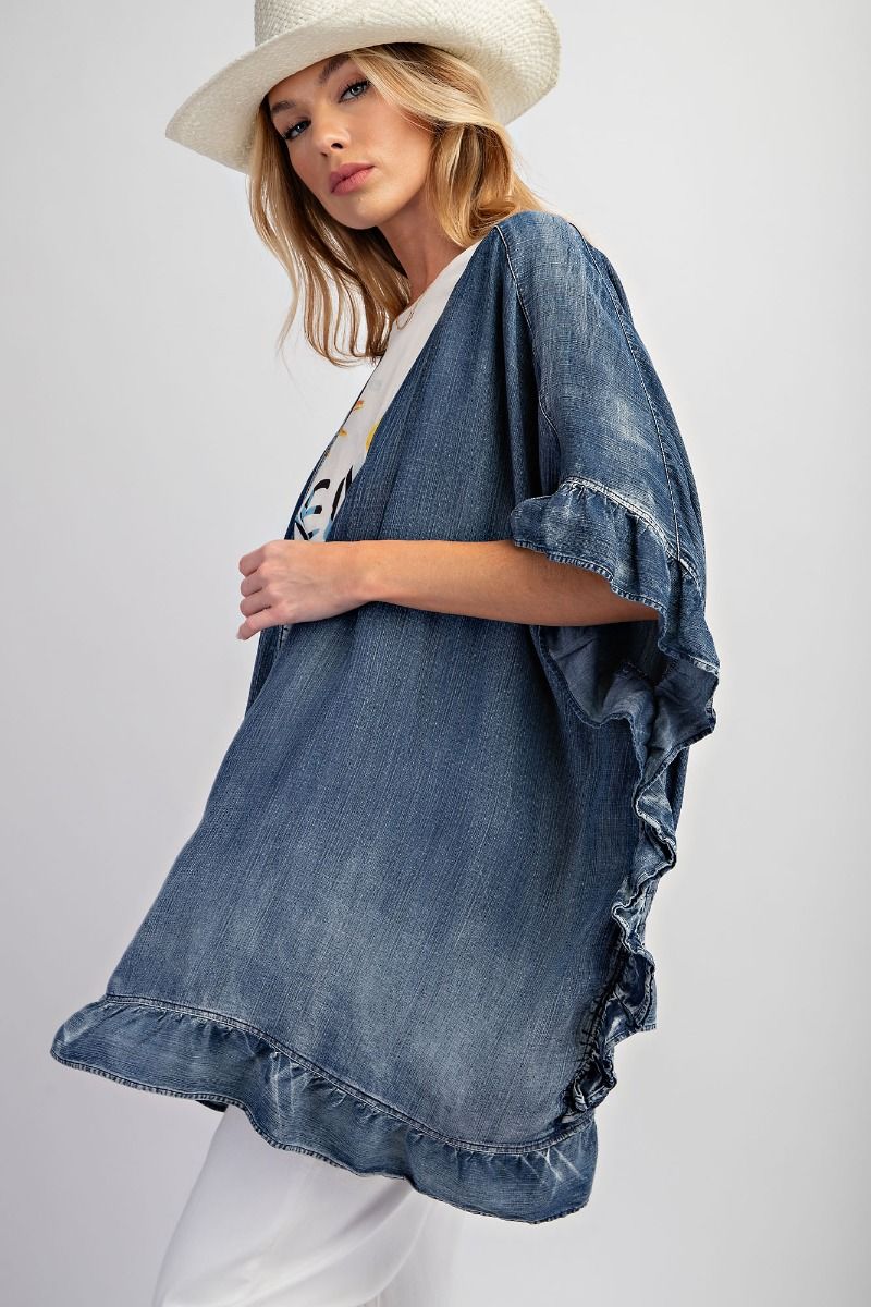 Washed Denim Ruffled Cardigan