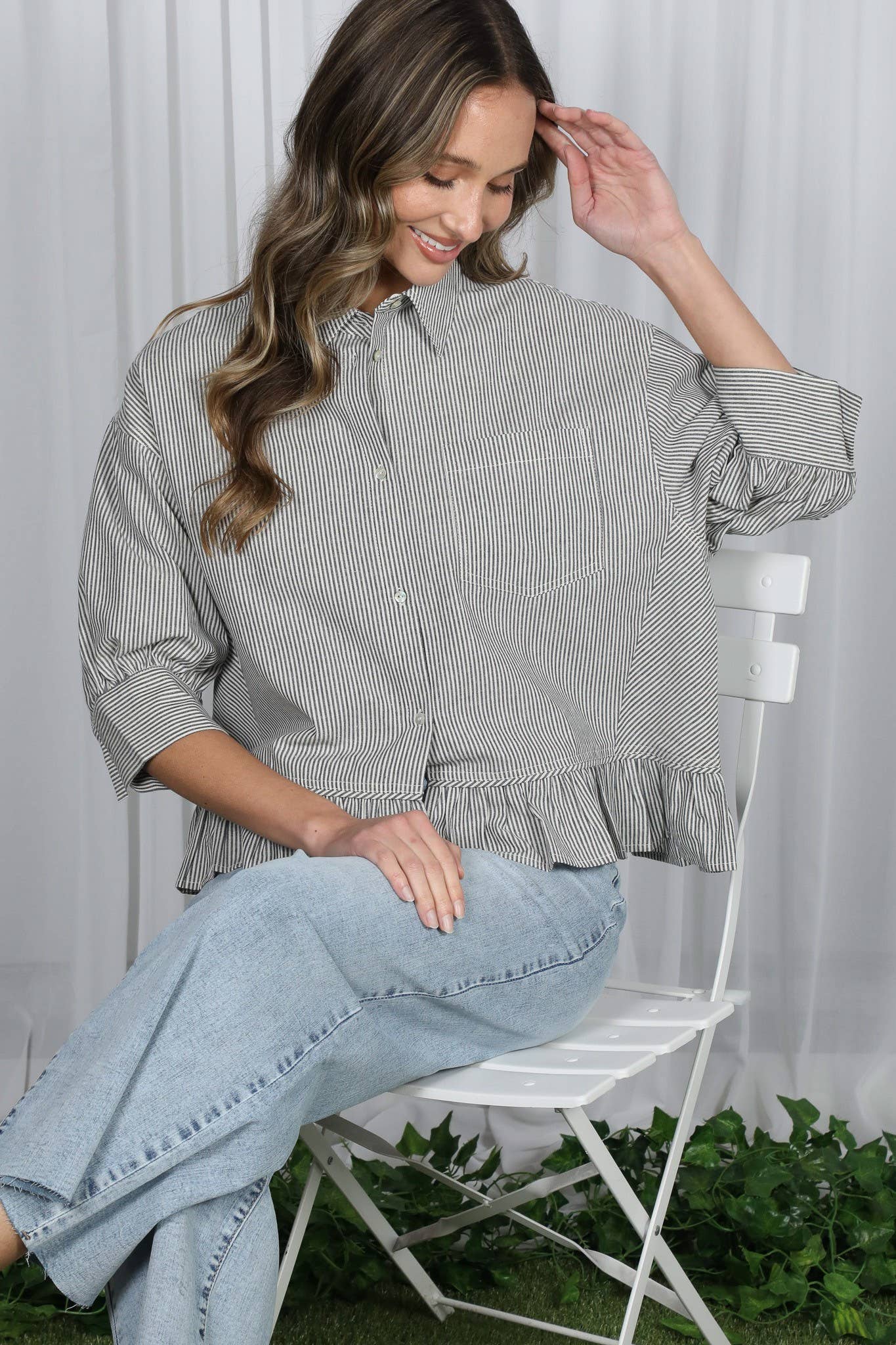 Pocket Detail Ruffle HemStriped Shirt