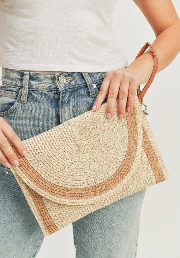 STRAW TWO TONE ENVELOPE CROSSBODY CLUTCH