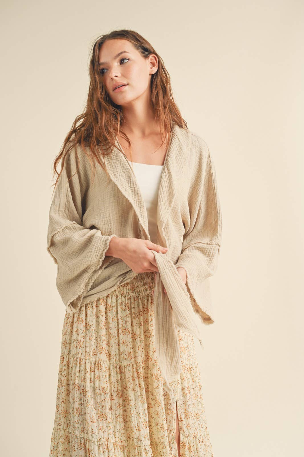 GAUZE KIMONO SLEEVE SELF TIE CARDIGAN