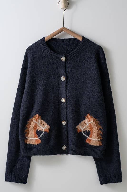 Horse Graphic Button Front Cropped Cardigan