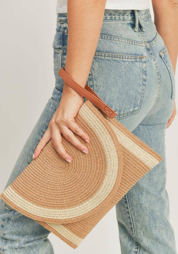 STRAW TWO TONE ENVELOPE CROSSBODY CLUTCH
