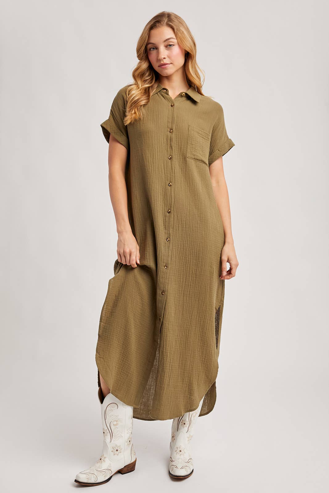 BUTTON UP MAXI SHIRT DRESS WITH POCKET