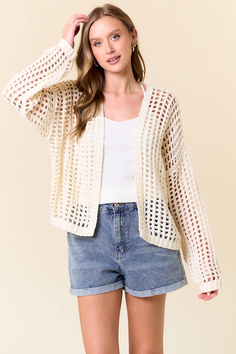 CROCHET FISHNET CROPPED OPEN CARDIGAN