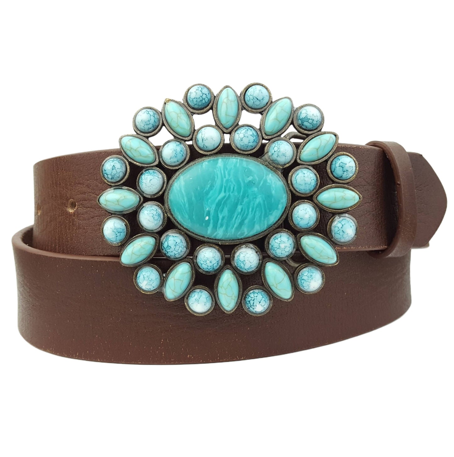 Genuine leather belt w. Western Turquoise Floral Buckle