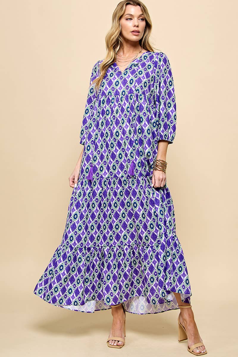3/4 Lantern Sleeve Print Boho Maxi Dress