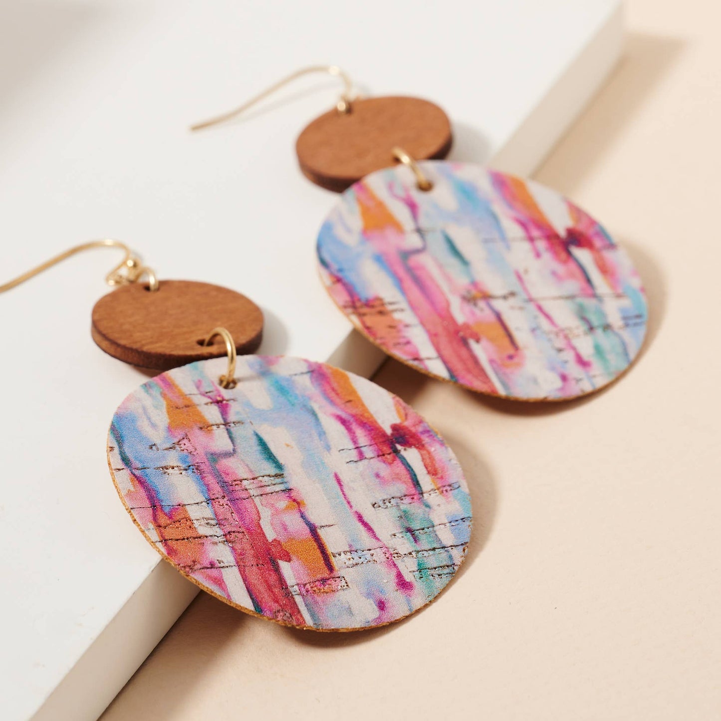 Water Paint Print Cork Wood Dangling Earrings