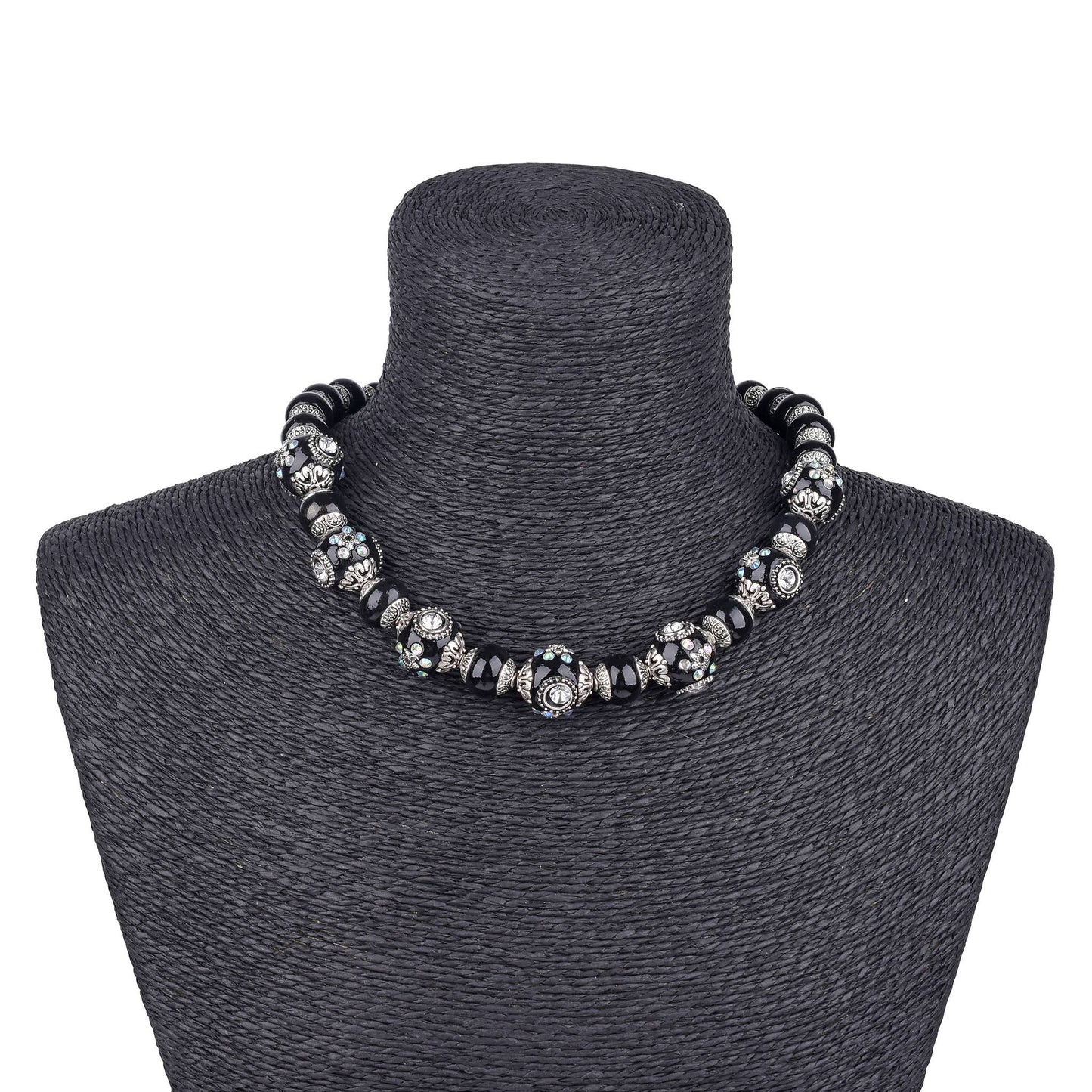 Black Ceramic & Rhinestone Lamp Work Bead Necklace