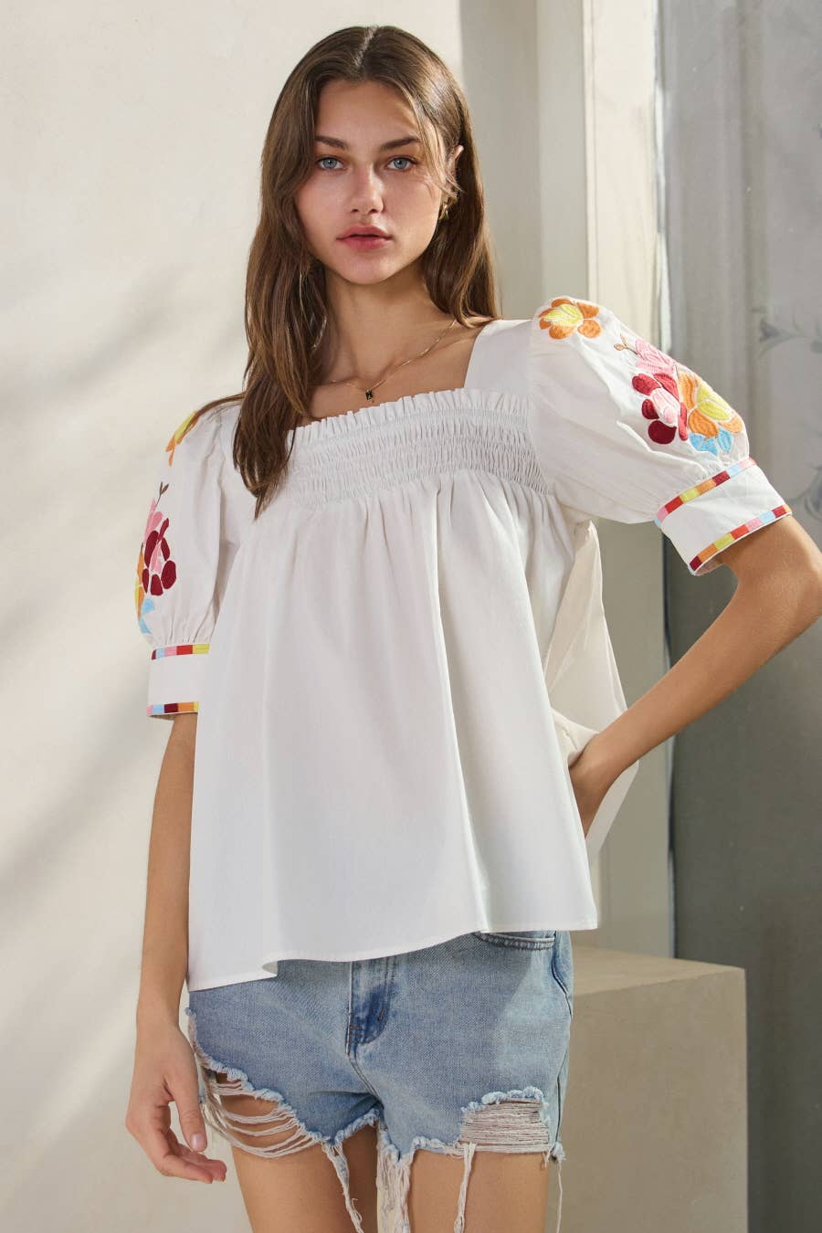 Solid Poplin Smocked Top Blouse