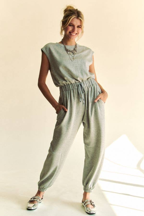 CREW NECK RHINESTONE TOP JOGGER JUMPSUIT