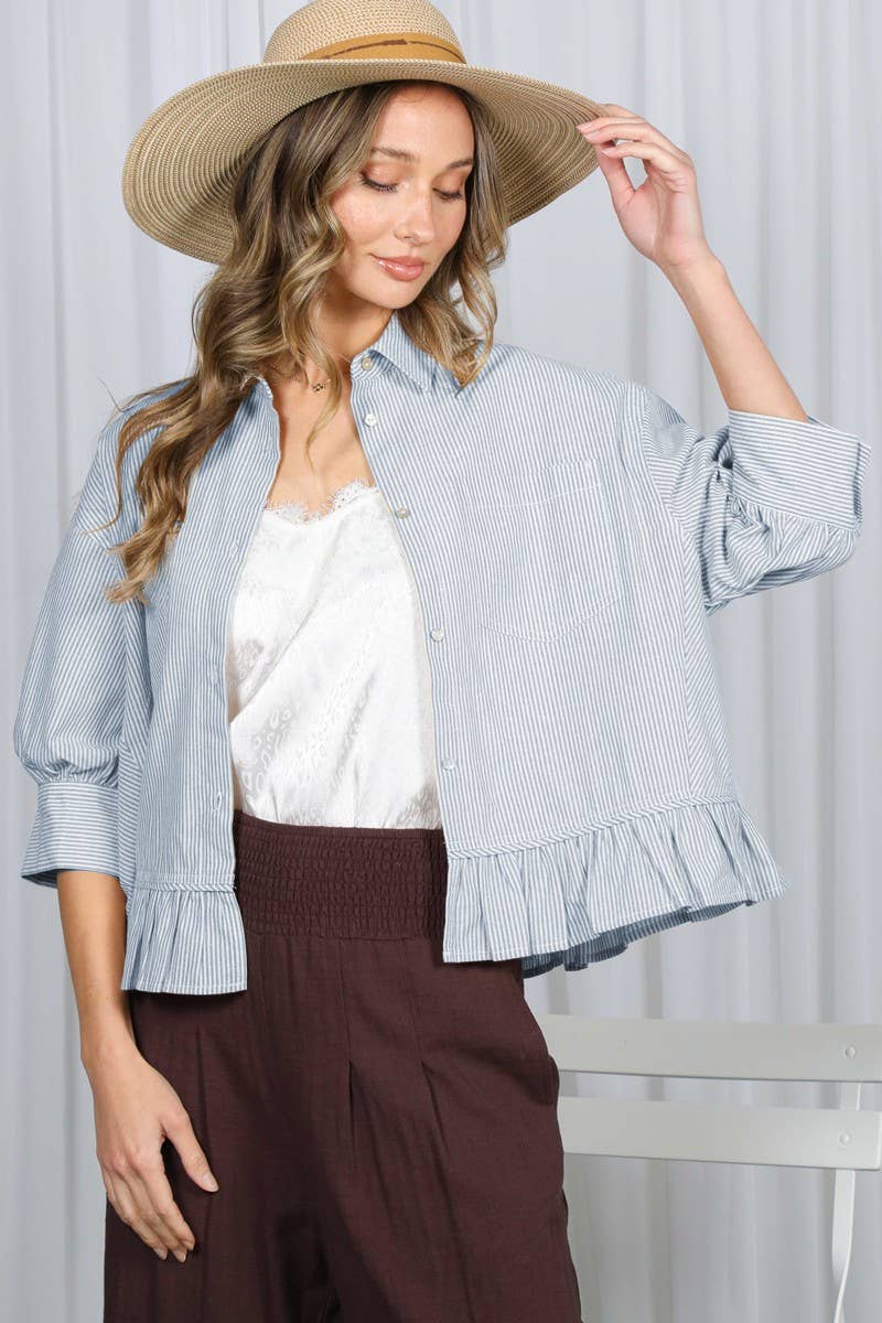 Pocket Detail Ruffle HemStriped Shirt