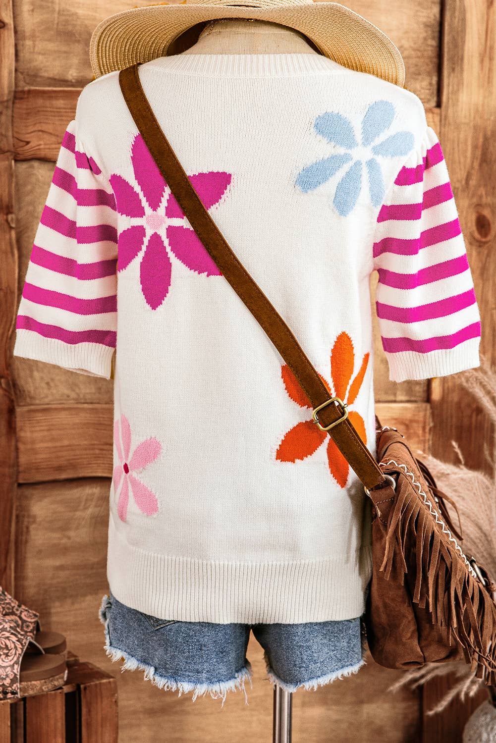 Floral Pattern Striped Sleeve Sweater