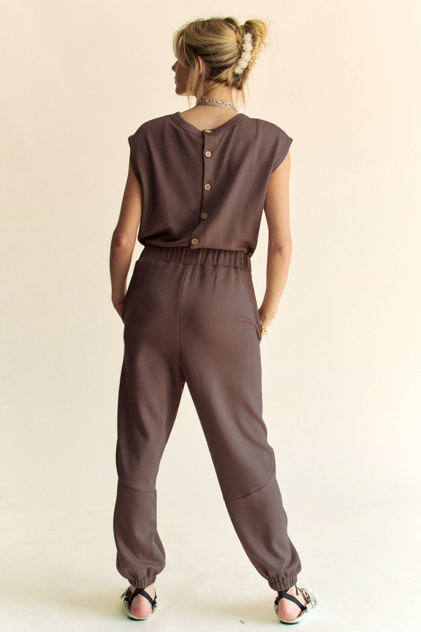 CREW NECK RHINESTONE TOP JOGGER JUMPSUIT