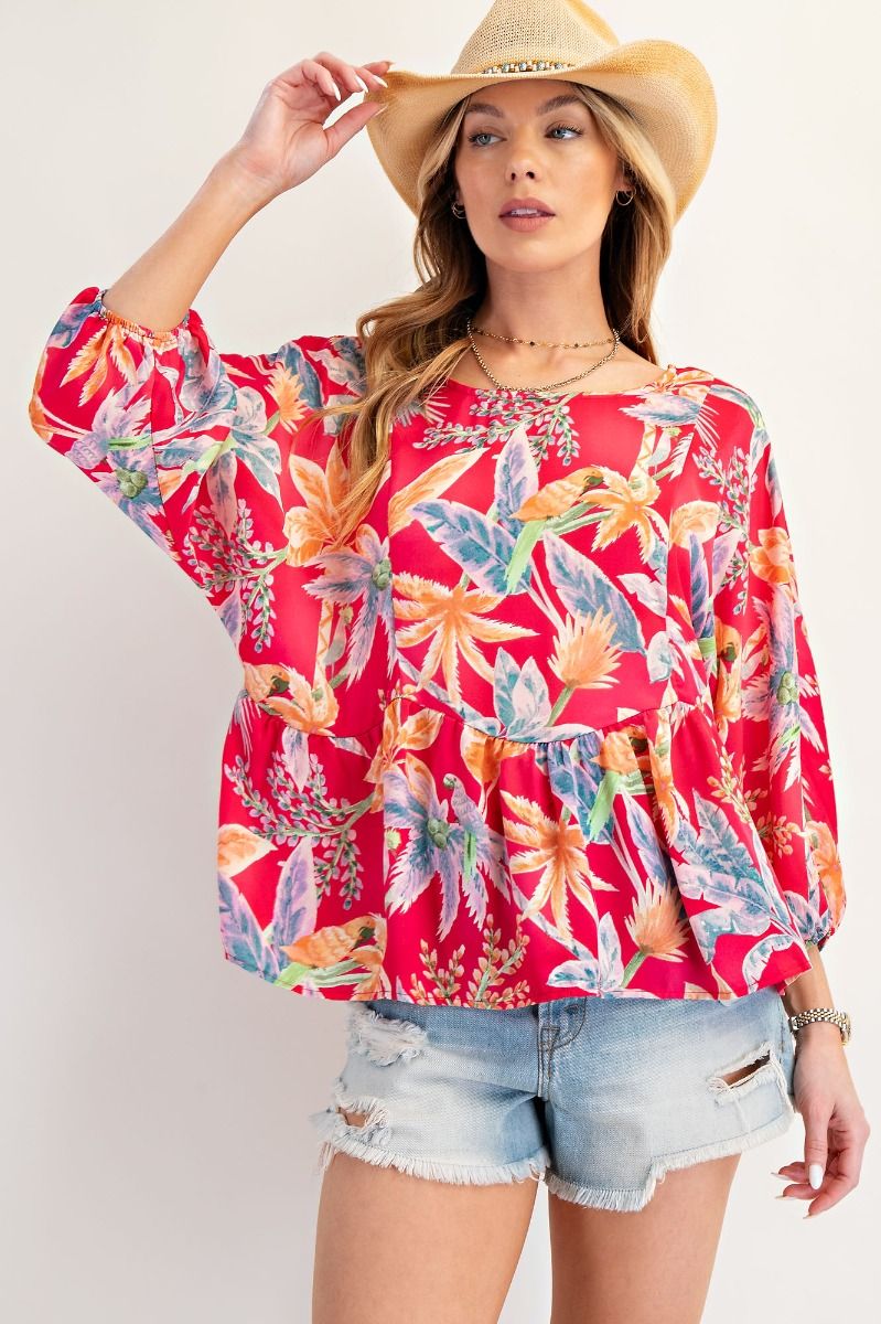 TROPICAL PRINT BABYDOLL WOVEN TOP