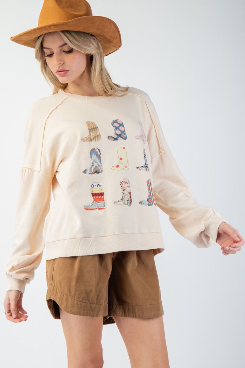 BOOTS PRINT WASHED TERRY KNIT PULLOVER