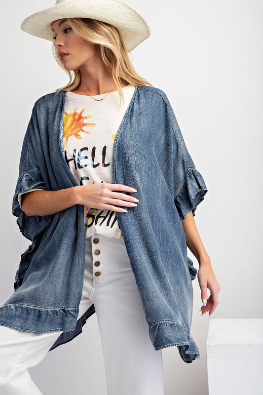 Washed Denim Ruffled Cardigan
