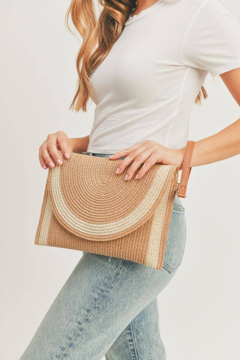STRAW TWO TONE ENVELOPE CROSSBODY CLUTCH