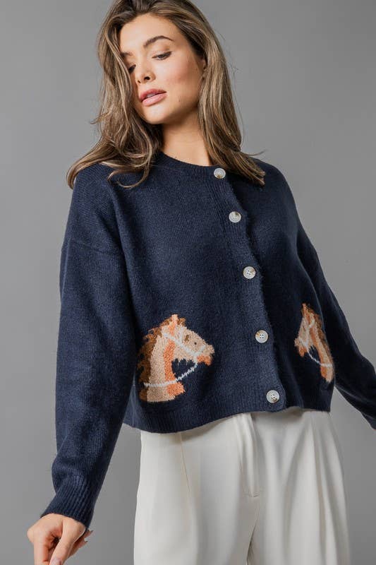 Horse Graphic Button Front Cropped Cardigan