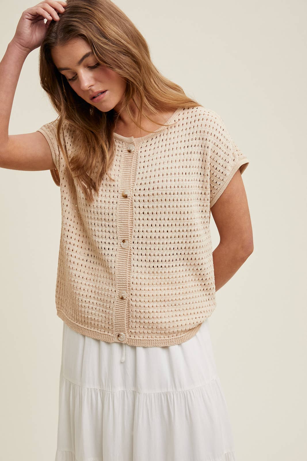 OPEN-KNIT BUTTON-UP SWEATER TOP