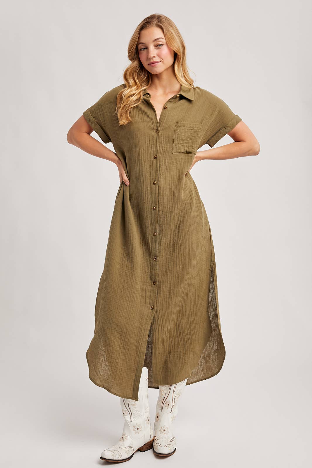 BUTTON UP MAXI SHIRT DRESS WITH POCKET