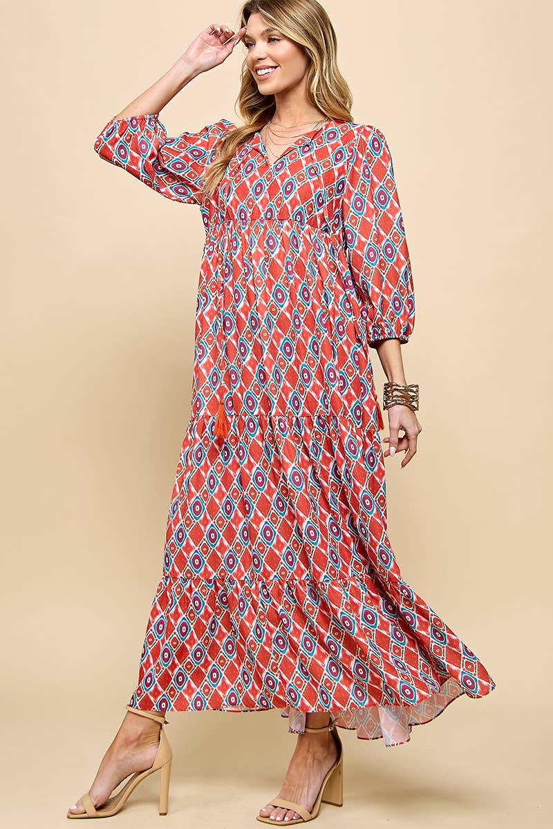 3/4 Lantern Sleeve Print Boho Maxi Dress