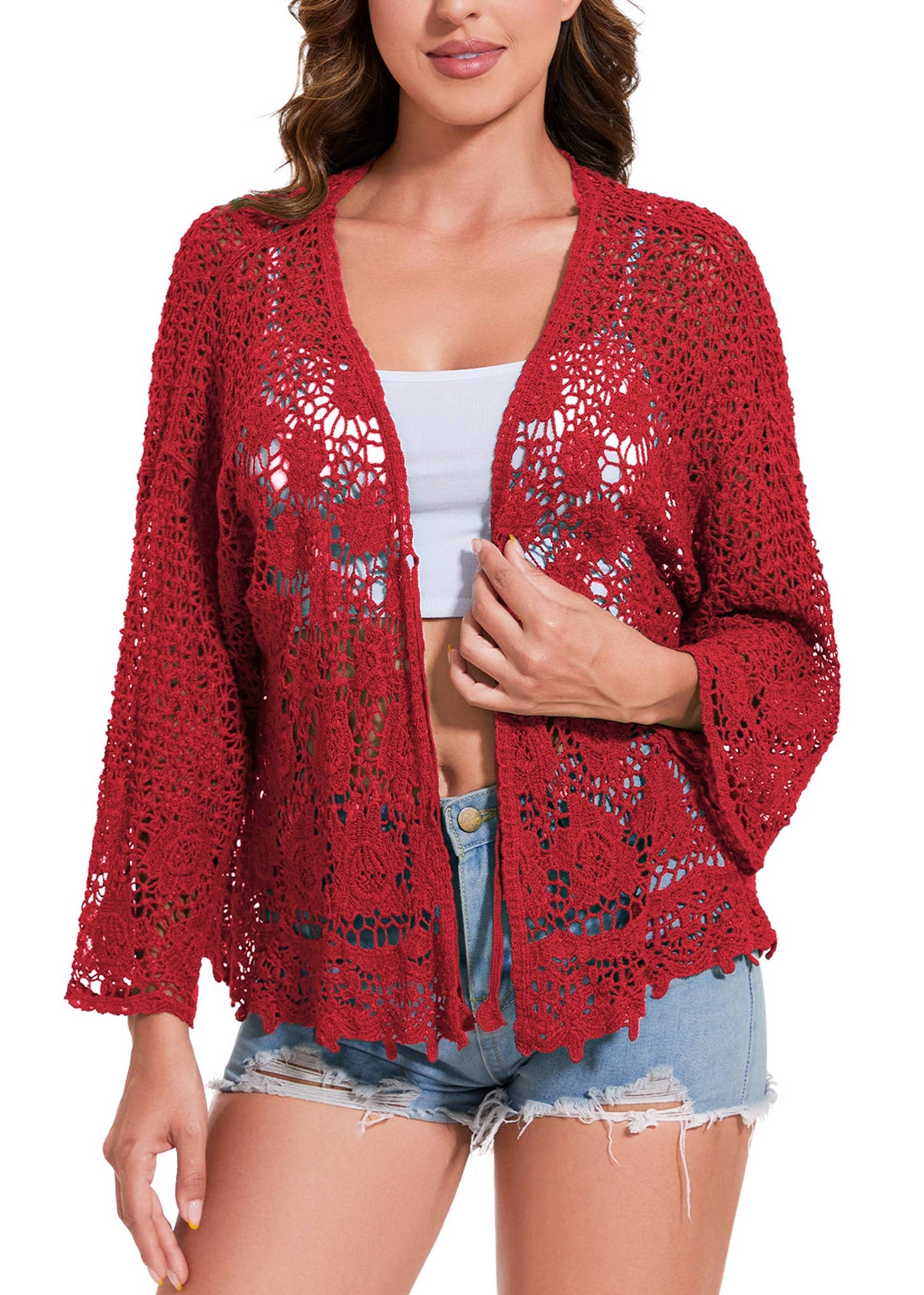 Embroidered Lace Kimono Crop Cardigan Half