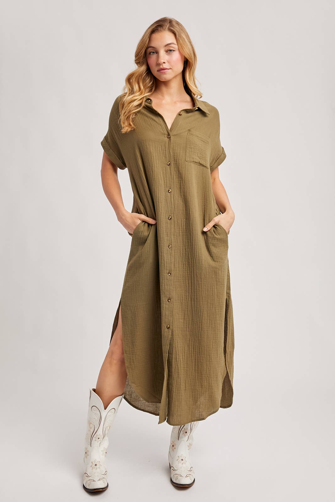 BUTTON UP MAXI SHIRT DRESS WITH POCKET
