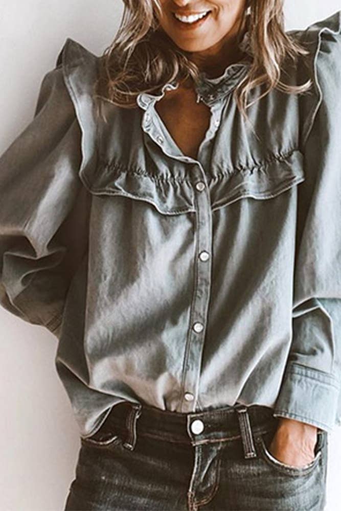 Ruffle Denim Blouse Grey