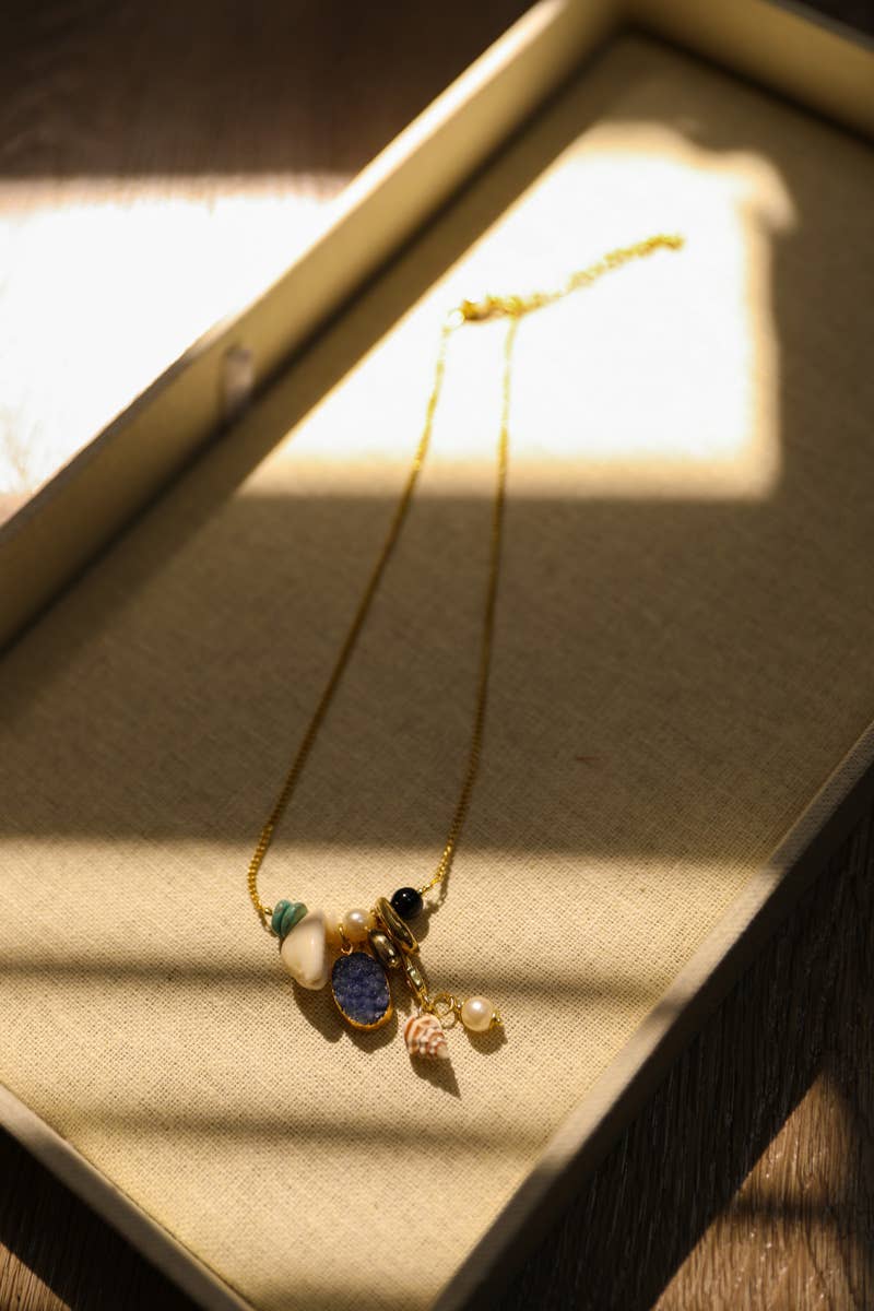 Stone Gem Charm and Shell Chain  Necklace