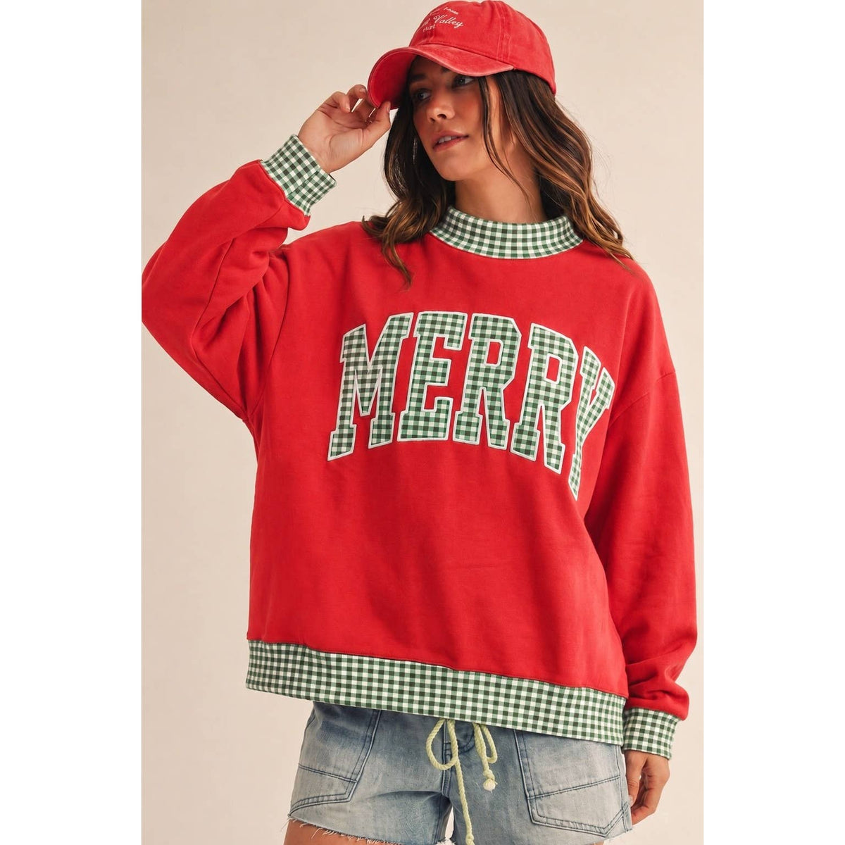 Christmas Merry Gingham Plaid Trim Patch Pullover