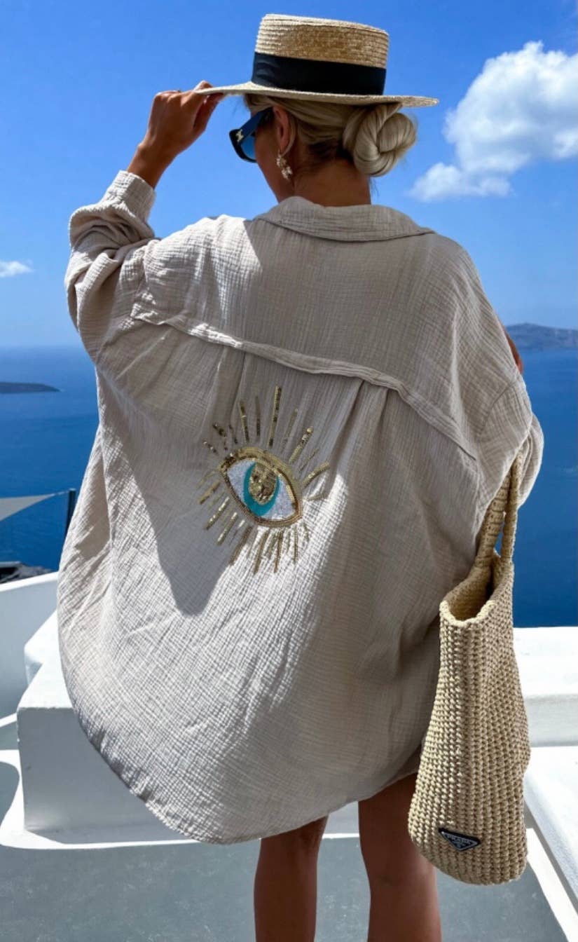 Beige Oversized Evil Eye Gauze Button Shirt