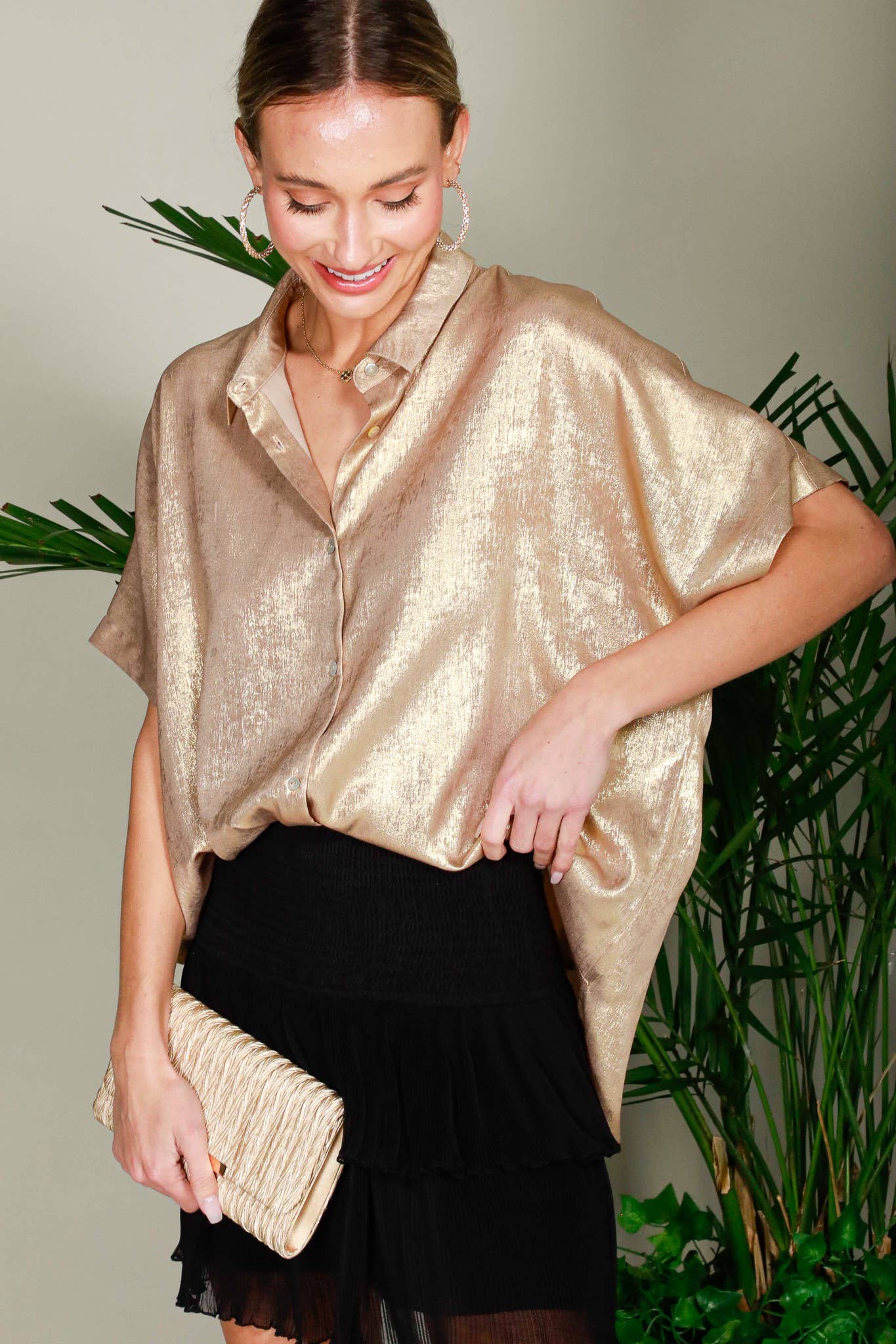 Metallic Woven Button Front Closure Blouse T