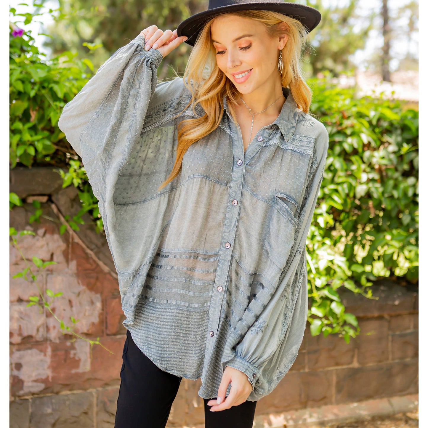 Embroidery Bishop Sleeves Loose Top