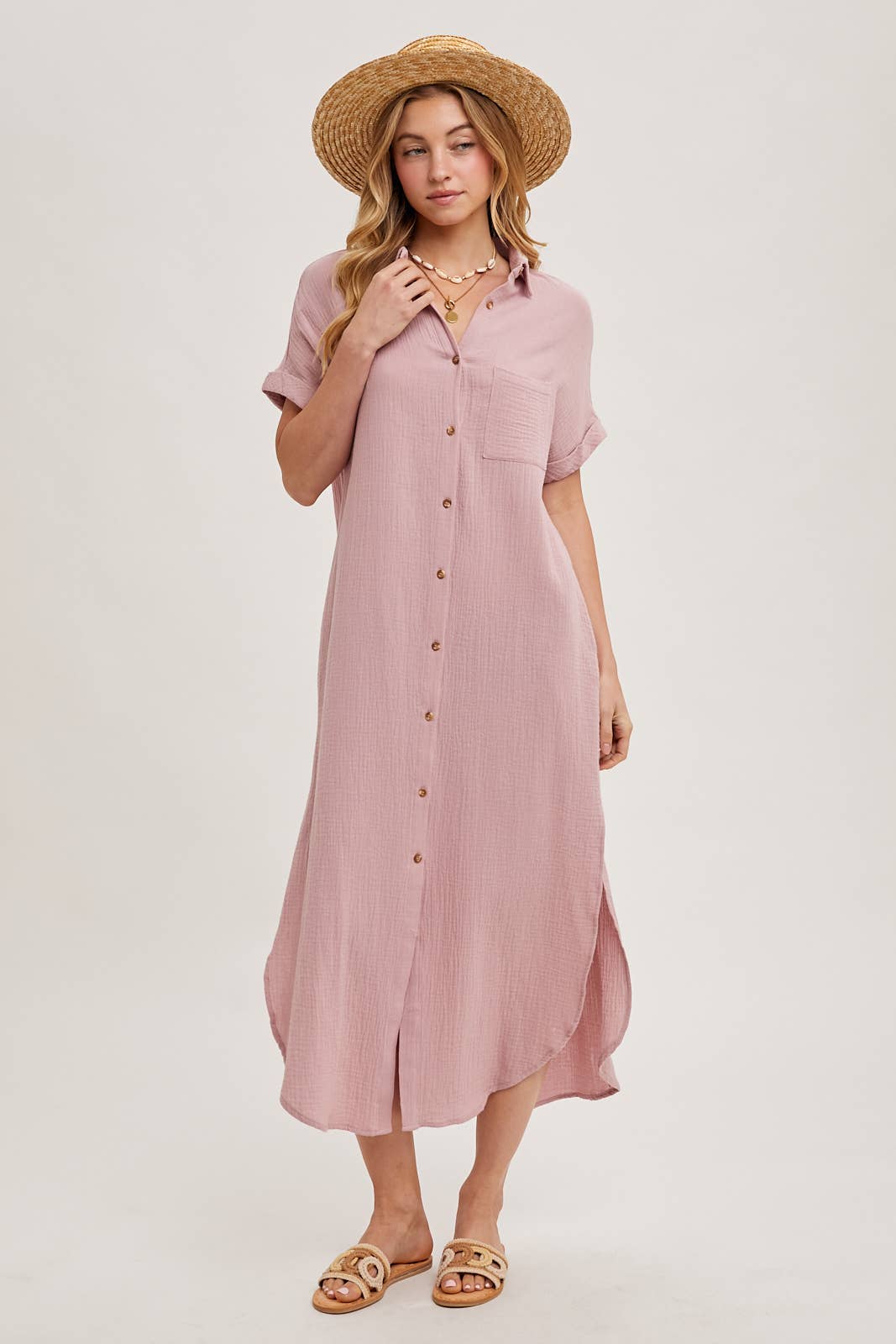 BUTTON UP MAXI SHIRT DRESS WITH POCKET