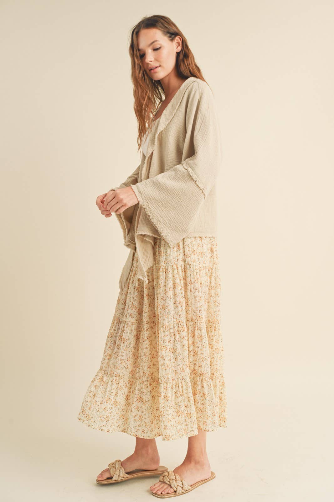 GAUZE KIMONO SLEEVE SELF TIE CARDIGAN