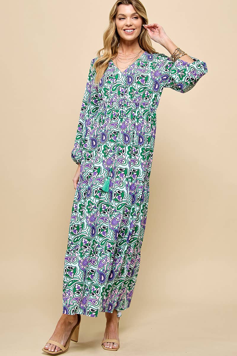 Paisley Print V neck Maxi Dress